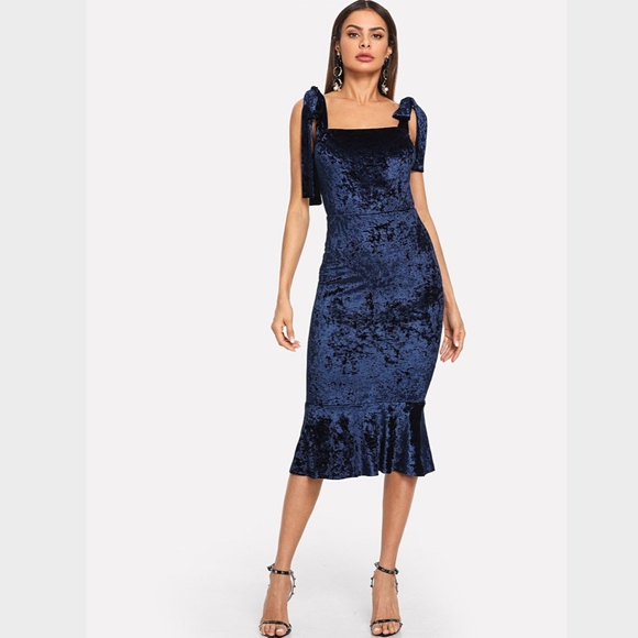 Navy Blue Velvet Mermaid Tie Straps Midi Dress - Picture 4 of 6